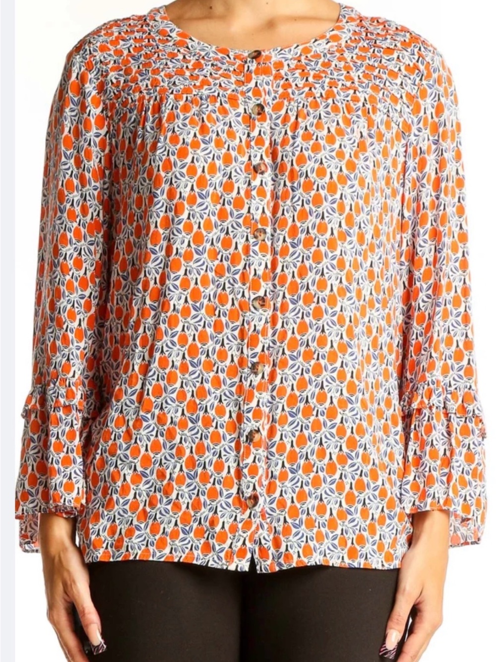 Maeve Anthropologie Orange Fruit Print Button Front Ruffle Bell Sleeve Blouse M